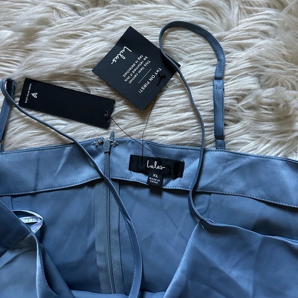 LULU’S Hollywood Woman Dusty Blue Satin Midi Dress - Picture 6 of 6